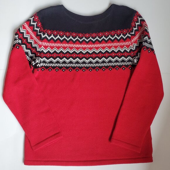 EDDIE BAUER 100% COTTON Womens Faire Isle Fisherman Sweater Red & Black Boxy - Picture 3 of 8
